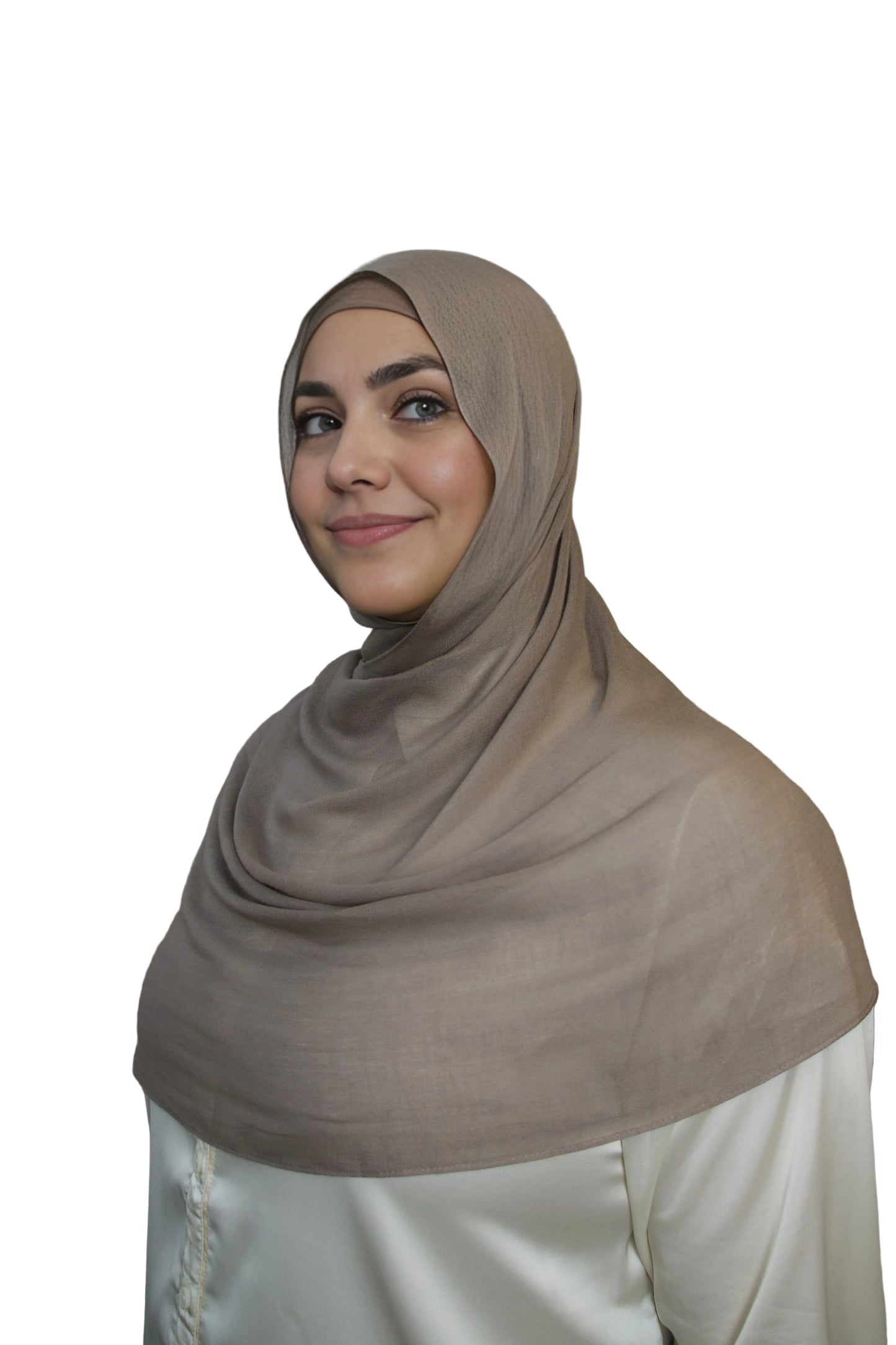 Model wearing a taupe modal hijab with a soft lightweight drape by Mya Hijabs in Canada