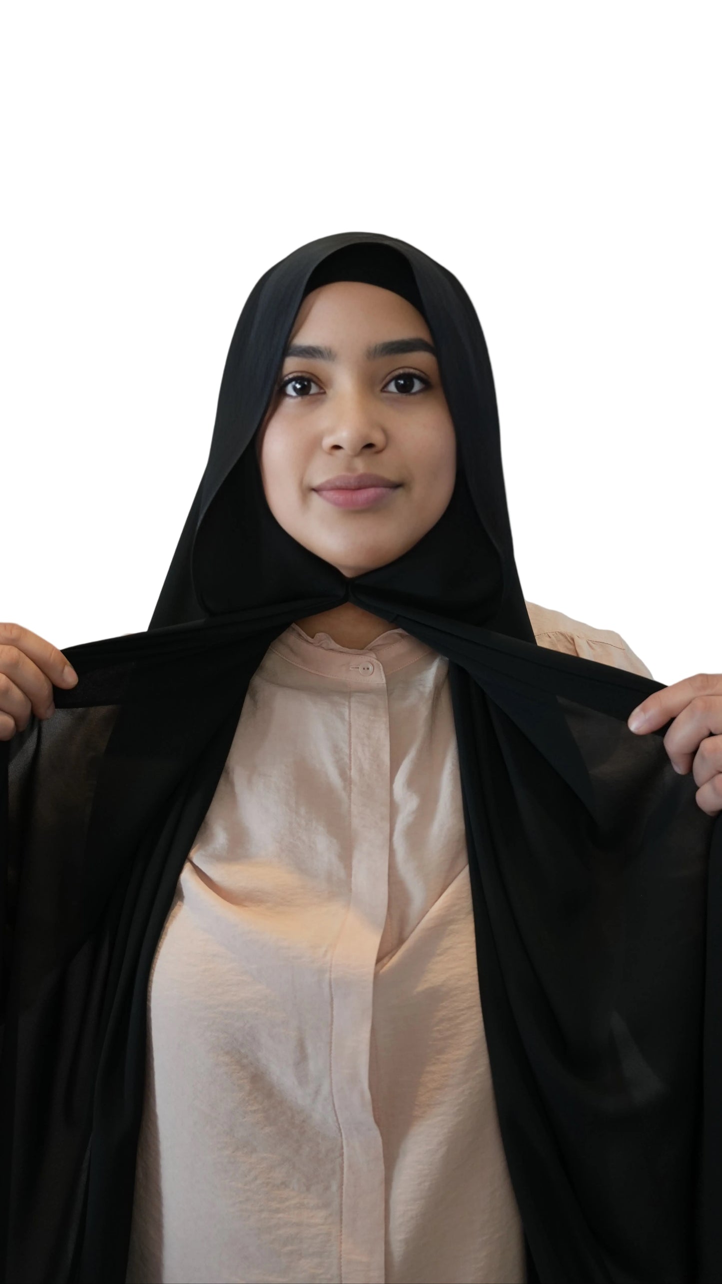 3 in 1 instant chiffon black hijab with built in magnets and sewn undercap for secure effortless wear