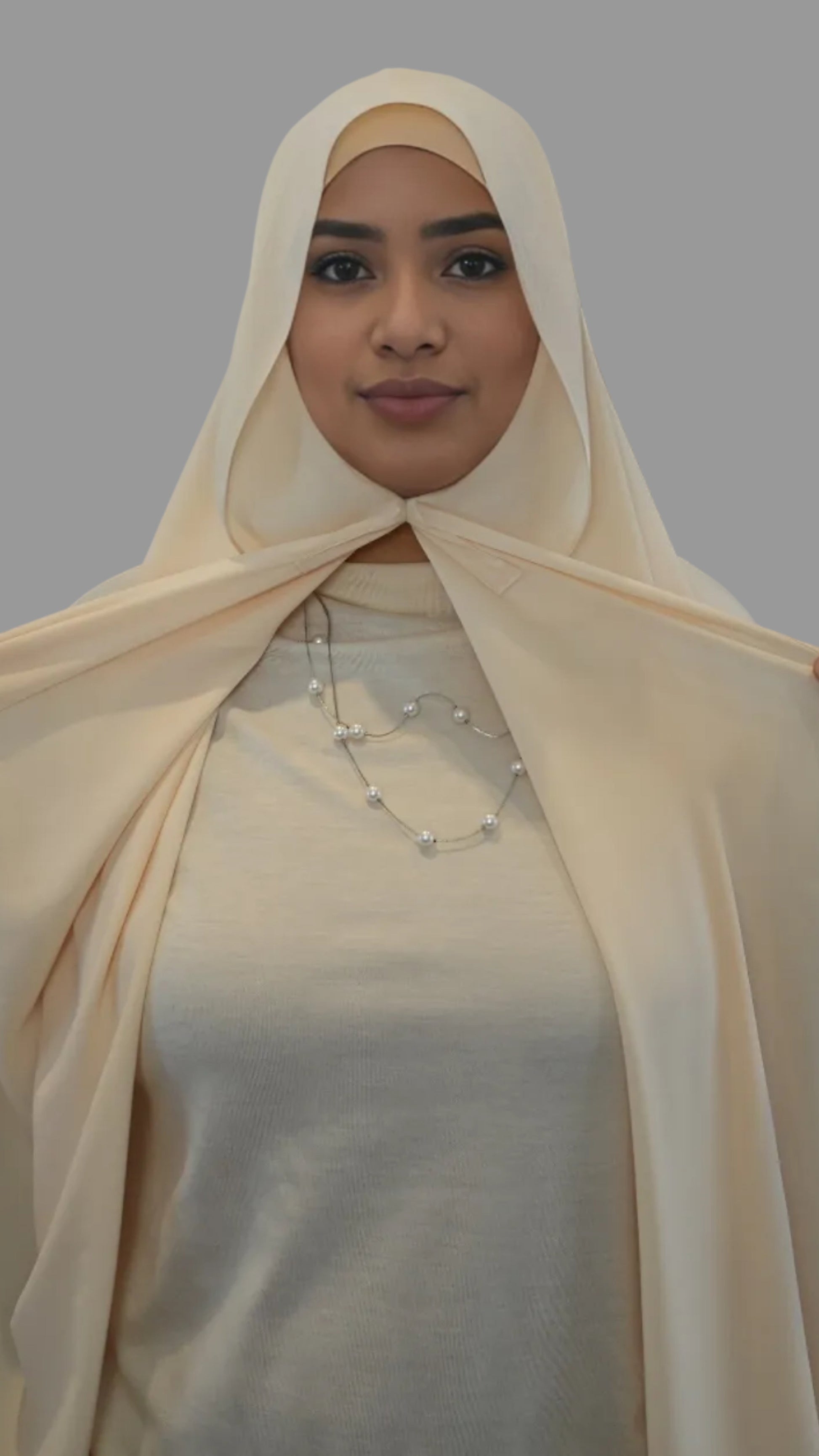 Light beige instant chiffon hijab with built in magnets and sewn matching undercap for easy modest wear