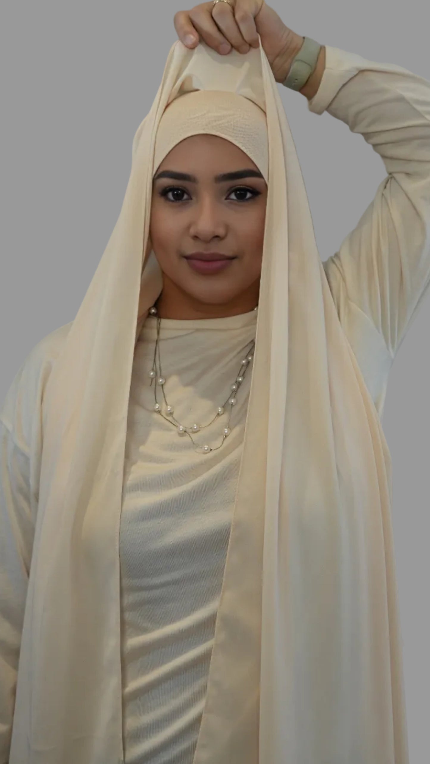 Light beige instant chiffon hijab with built in magnets and sewn matching undercap for easy modest wear2