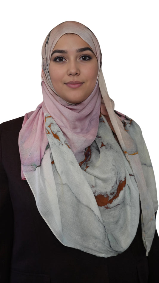 Rose Marble printed hijab featuring blush pink top and marble pattern drape w