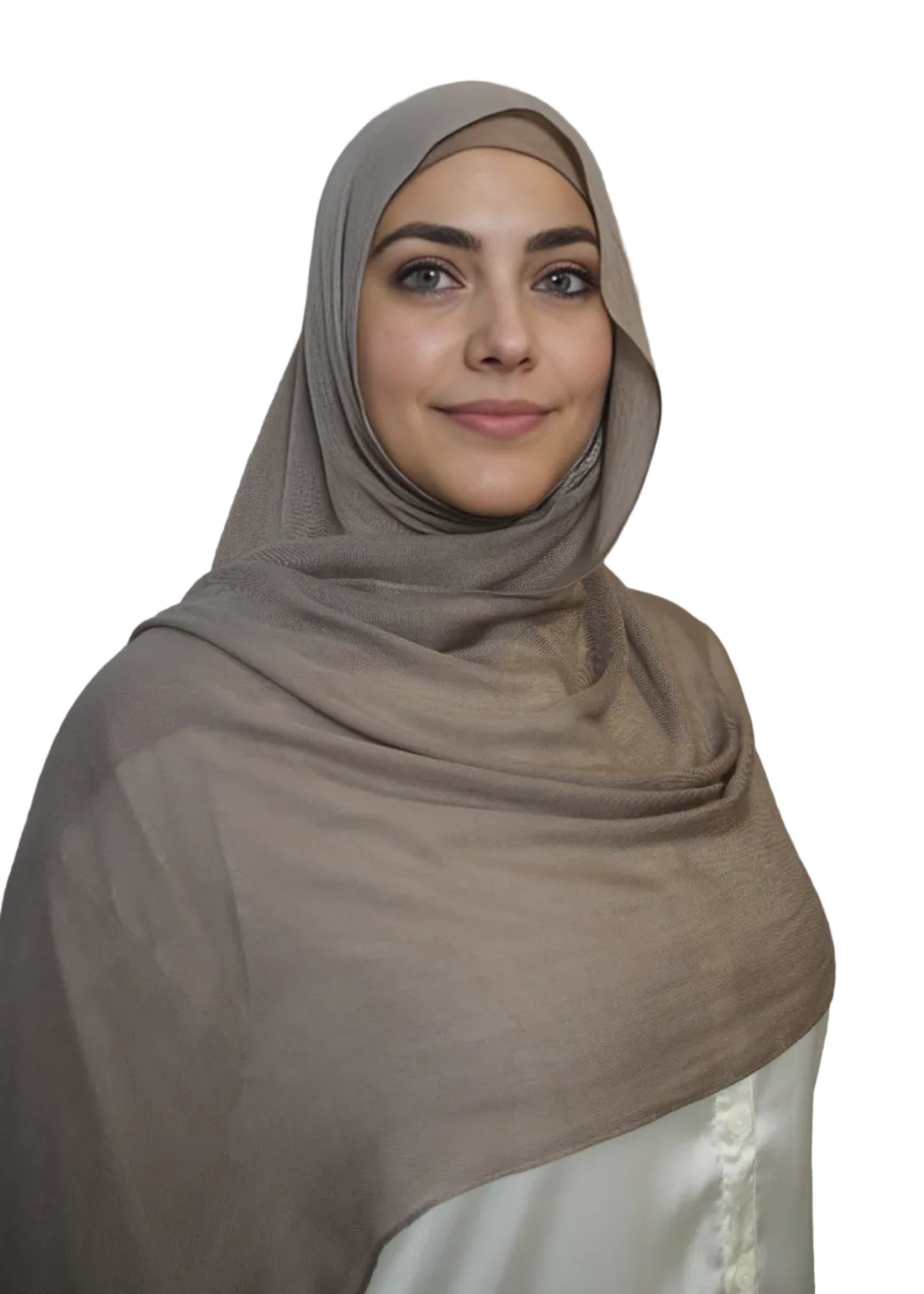 Model wearing a taupe modal hijab with a soft lightweight drape by Mya Hijabs in Canada
