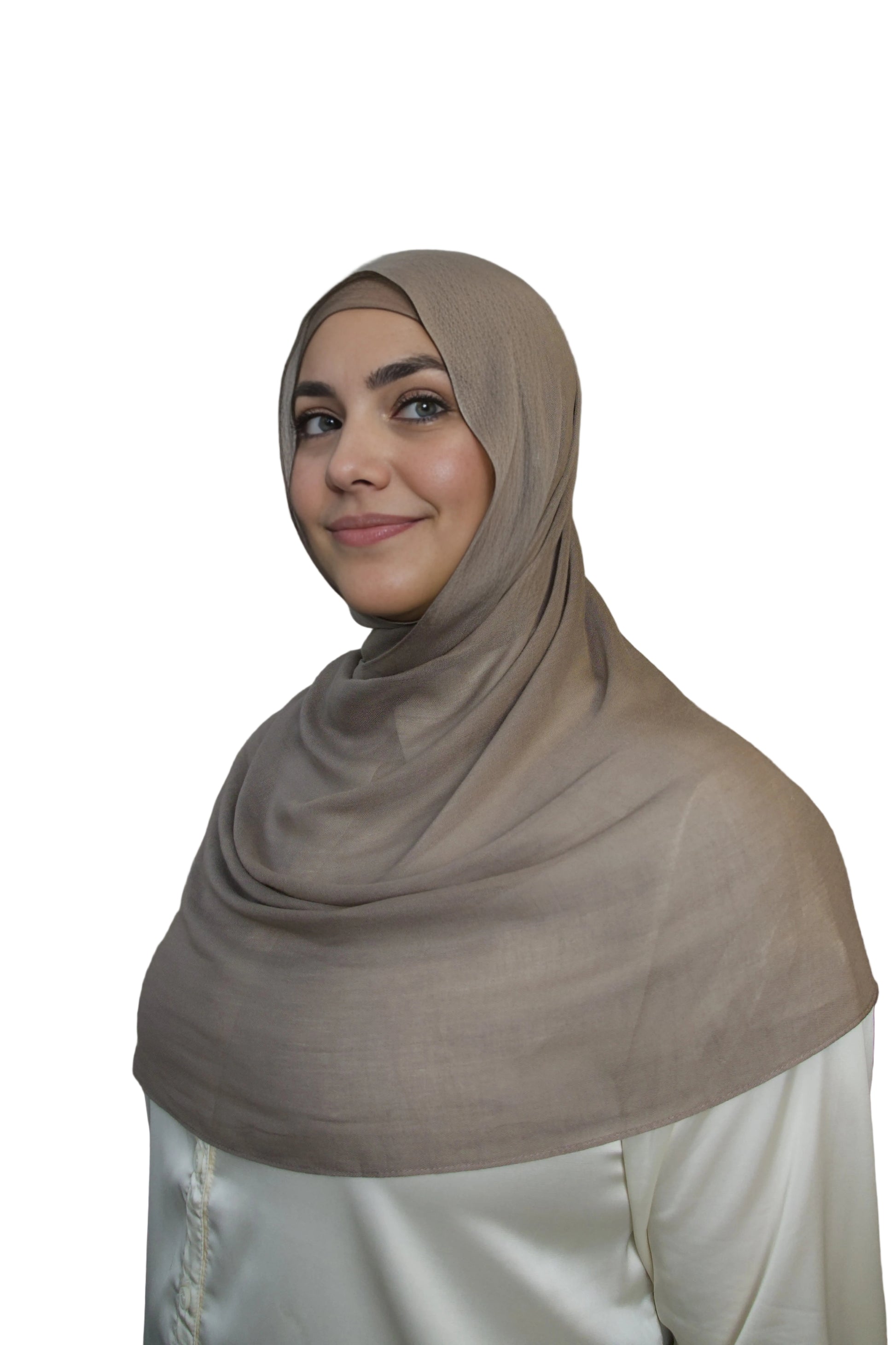 Model wearing a taupe modal hijab with a soft lightweight drape by Mya Hijabs in Canada