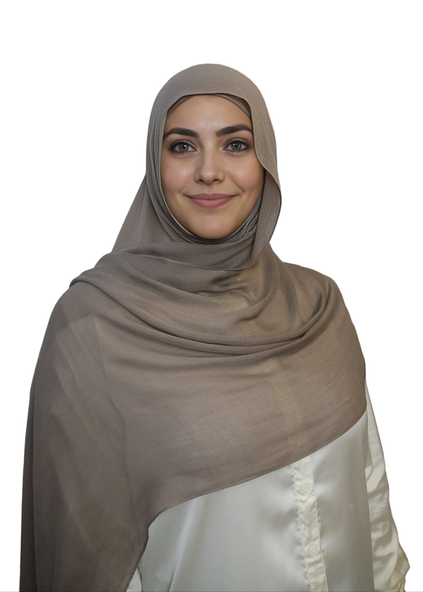 Model wearing a taupe modal hijab with a soft lightweight drape by Mya Hijabs in Canada