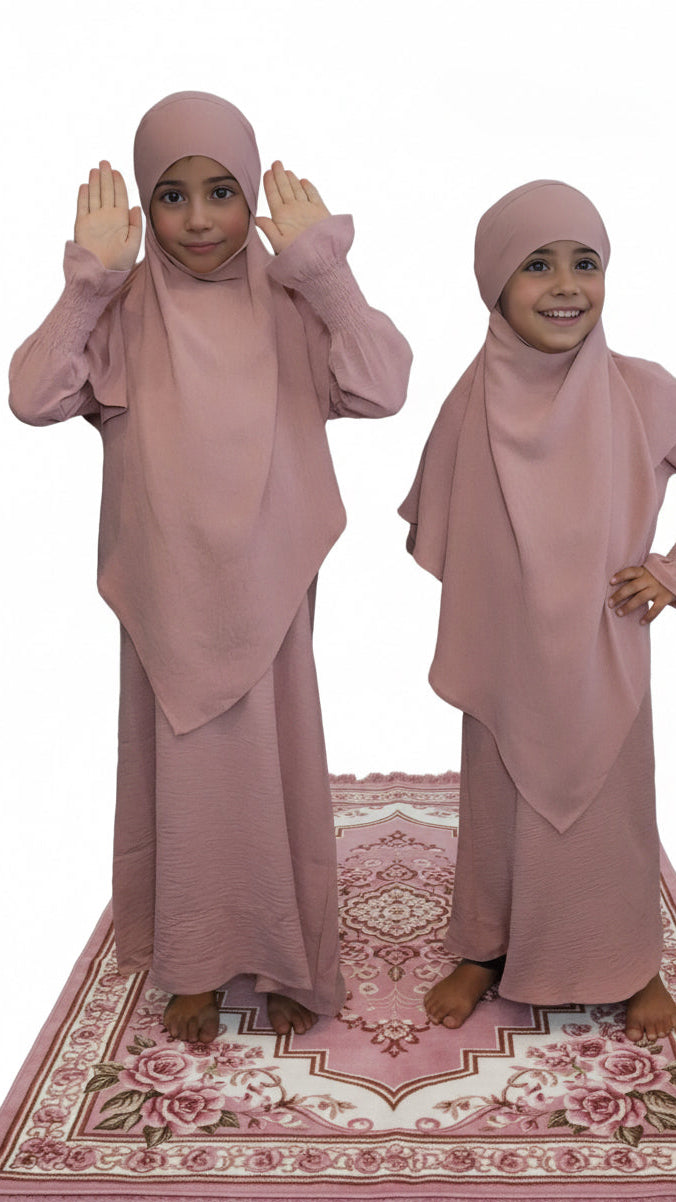 Little Muslima girls prayer set in pink color, modest Islamic prayer outfit for children