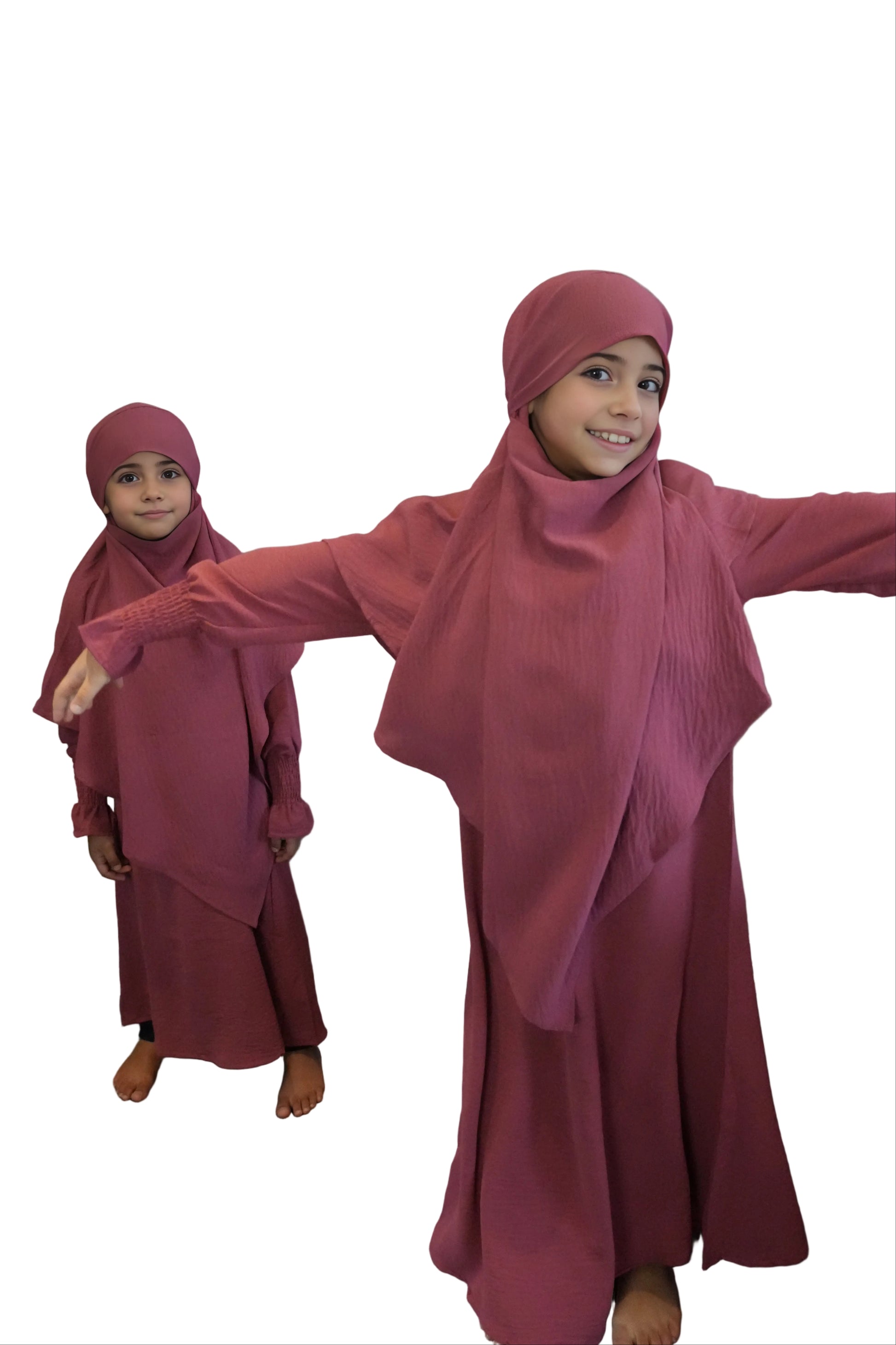 Little Muslima girls prayer set in ruby color, modest Islamic prayer outfit for children