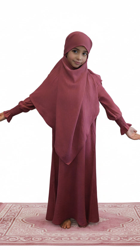 Little Muslima girls prayer set in ruby color, modest Islamic prayer outfit for children
