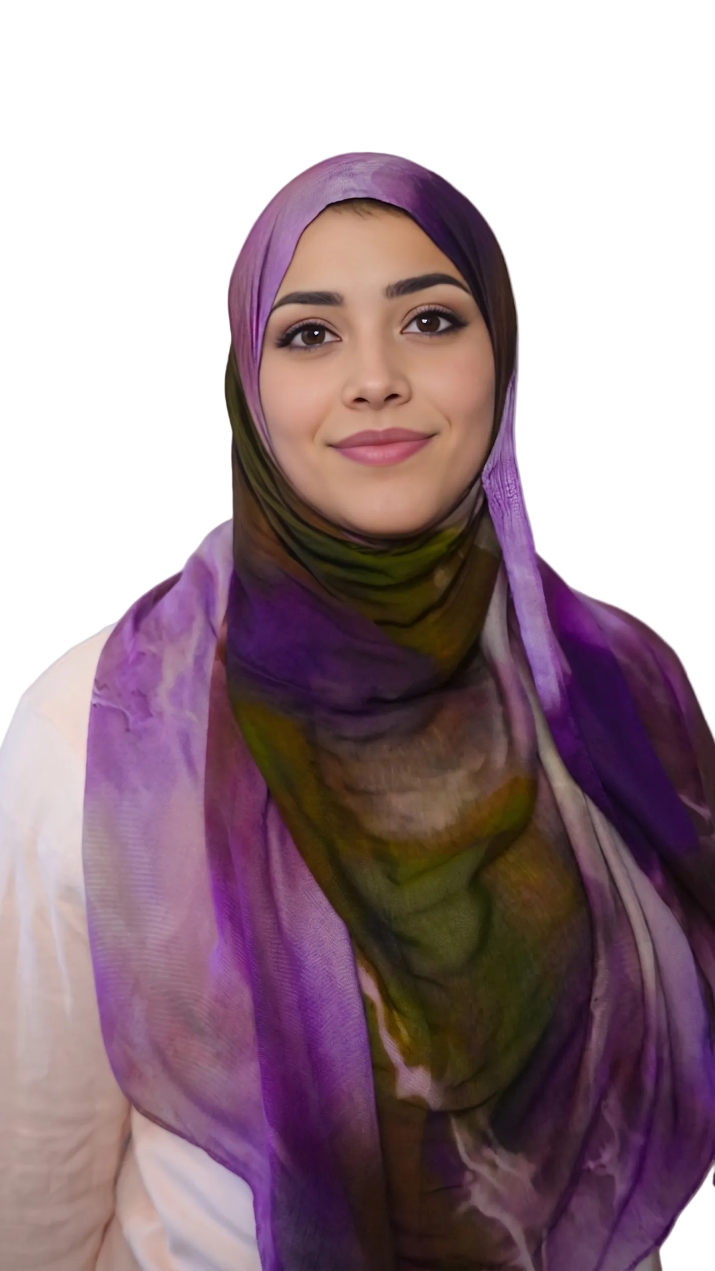 Woman wearing a premium printed modal hijab in a purple and olive watercolor abstract pattern from MyaHijabs