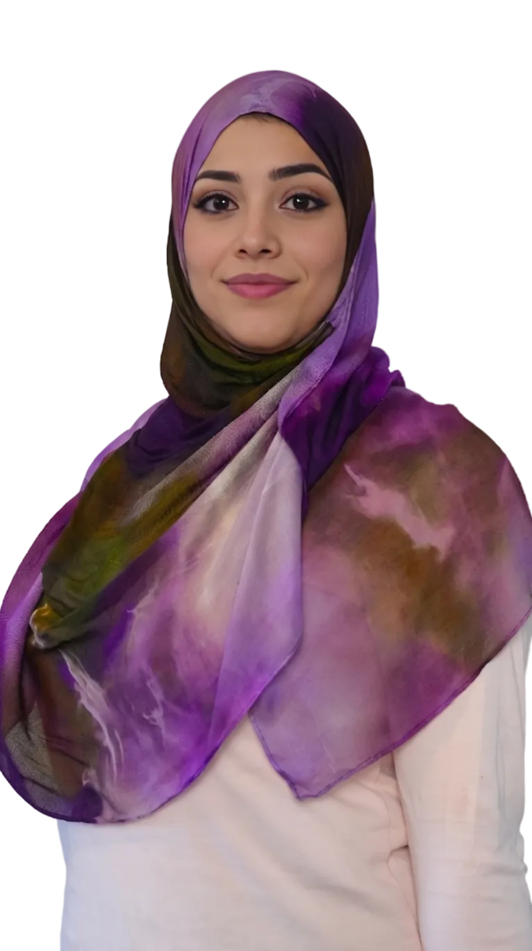Woman standing wearing a premium printed modal hijab in a purple and olive watercolor abstract pattern from MyaHijabs.